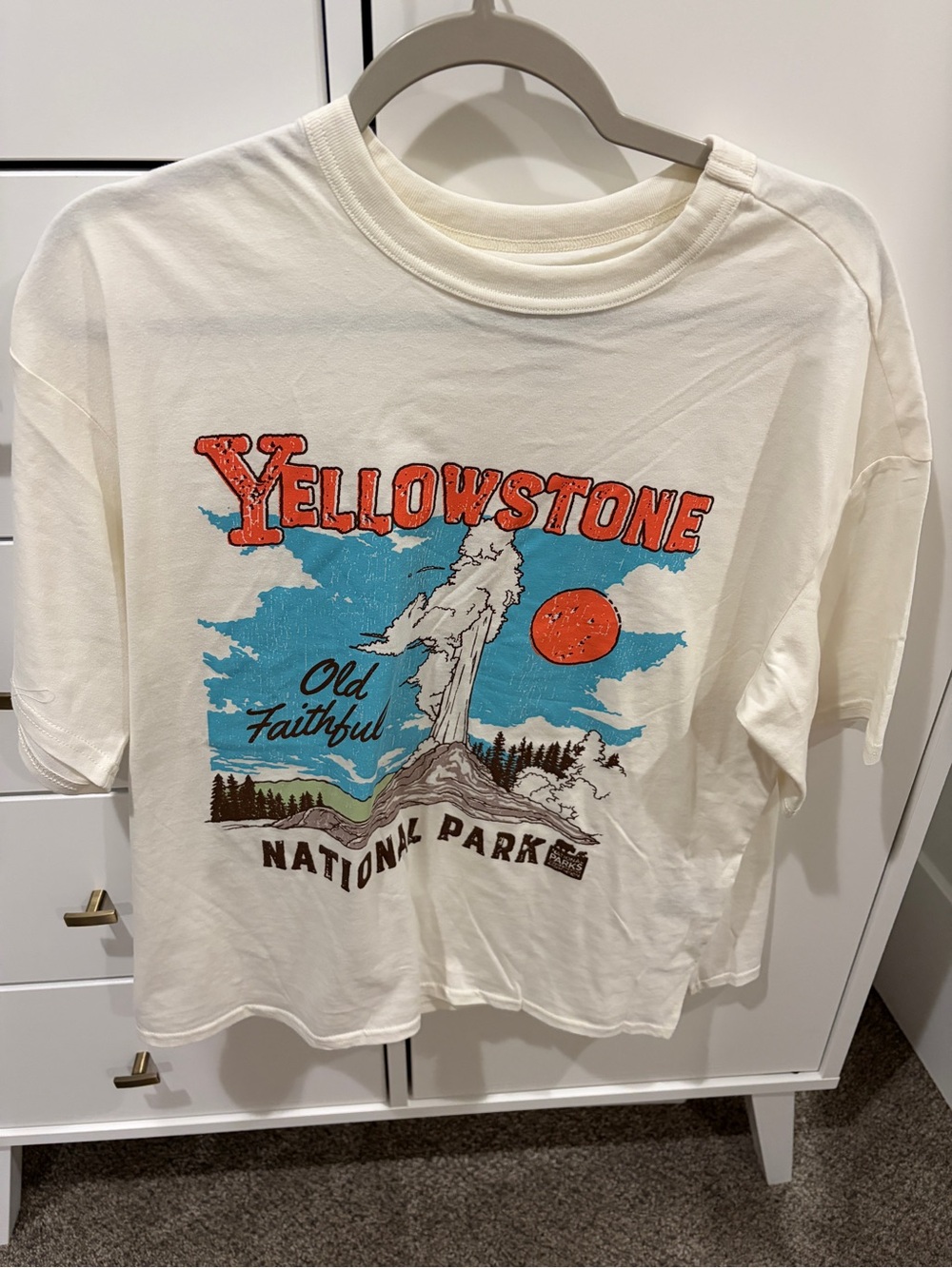 Yellowstone National Park Graphic Tee - Cream with Blue & Orange Print